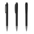 A set of three sleek black metal pens with glossy finishes and silver accents, featuring a branding logo.