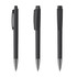 A set of three sleek black metal pens featuring a high gloss finish and silver-tone tips, each with a distinctive cap design.