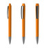 An orange plastic pen with a glossy finish and silver accents, featuring a clip and a streamlined design.
