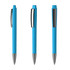 A set of three blue plastic pens with silver accents and clips, featuring a glossy finish. Each pen has a distinct angle.