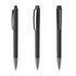 A set of three black plastic pens featuring a sleek design and chrome accents, each with a clip and a branding logo.