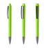A green plastic pen with a glossy finish and a metal clip, displayed from three different angles.
