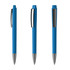A group of blue plastic pens with silver accents, featuring a clip and a glossy finish.