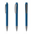 Three blue plastic pens with silver accents and clips, showcasing different angles. Each pen features a sleek design.