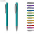 A transparent turquoise plastic pen with a silver clip, alongside a variety of coloured pens. It features a logo.