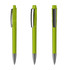 A set of transparent green plastic pens with a silver clip and tip, featuring a logo on the barrel.