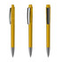A transparent yellow plastic pen with a silver nib and a black clip, featuring a logo.