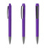 A purple plastic pen with a silver tip and clip, featuring a logo. Three angles of the pen are displayed.