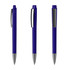 A set of three blue plastic pens with silver accents and clips, featuring a logo on the barrel.