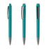A set of transparent teal plastic pens with silver accents, featuring a clip and a smooth barrel design.