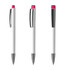 A set of three plastic pens featuring a white body and bright pink cap, with silver accents and a logo.