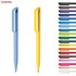 A collection of plastic pens in various colours, including blue and yellow, with a logo in the corner.