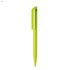 A plastic pen in bright lime green with a streamlined design and a logo on the clip.