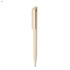 A plastic pen in a creamy beige colour with a sleek design and a branding logo on the side.