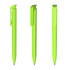 A high-gloss green plastic pen with a clip, displayed from three different angles.