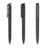 A sleek black plastic pen with a high gloss finish, featuring a clip and logo design.