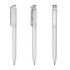 A transparent plastic pen with a silver clip, featuring a minimalist design and smooth barrel.