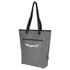 A grey cooler tote bag with black straps, featuring a front zip pocket and a logo. Suitable for carrying drinks or snacks.