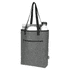 A grey recycled felt cooler tote bag contains a drink bottle, a towel, and features a pocket and black handles.