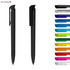A black plastic pen with a sleek design alongside a range of colourful pens including blue, green, orange, and pink.