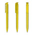A set of three transparent yellow plastic pens with clips and a visible ink cartridge inside. Each pen has a unique position.