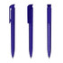 A transparent blue plastic pen with a sleek design, featuring a clip and smooth finish. It has a logo on the body.
