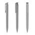 Three grey plastic pens showcasing different angles and a clip, featuring a minimalistic design.