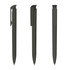 A set of three dark green plastic pens with clips, displaying different angles of the design.