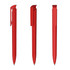 A set of three red plastic pens displayed from different angles, featuring clips on each pen.