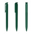 Three green plastic pens displayed from different angles, featuring a clip and smooth barrel design.