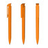A set of three orange plastic pens displayed from different angles. Each pen features a clip and a smooth design.
