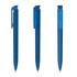 A blue plastic pen with a high-gloss finish, featuring a clip and a smooth barrel. Includes branding on the pen.