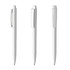 Three white plastic pens are displayed from different angles. Each pen features a clip and a glossy finish.
