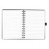 A spiral-bound notebook with a black cover and blank lined pages inside. It features a bookmark and has no printed text.
