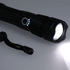 A black 200 lumen LED flashlight with a textured grip and a loop for attaching to keyrings.