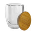 A drink bottle featuring a clear double wall glass cup with a bamboo lid. The cup has a sleek, modern design.