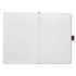 A bound journal with a white cover and coloured accents, featuring blank pages and a ribbon bookmark.