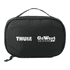 A black toiletry bag with a handle and a logo on the front, featuring a zip closure.