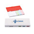A white memo holder with a red lid, featuring coloured tabs inside, and displaying a logo.