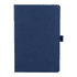 A navy blue hardbound journal with a textured cover and a closure strap. It features a logo on the front.