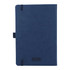 A navy blue hardbound journal with elastic closure and a logo on the cover, made from recycled materials.