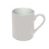 A coffee mug in a light grey exterior with a white interior. It features a handle and a smooth finish, with a logo.