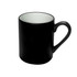 A black coffee mug with a glossy interior and a rounded handle. It features a logo.