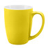 A yellow coffee mug with a glossy finish and a white interior, featuring a handle and a rounded shape.