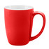 A red coffee mug with a white interior and a curved handle, featuring a logo.