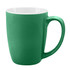 A green coffee mug with a white inner lining and a curved handle, featuring a sleek design and a logo.
