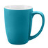 A teal coffee mug with a glossy finish and a white interior, featuring a curved handle.
