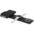 A black multi-media charger featuring a phone, smartwatch, and wireless charging pad. Contains a logo.