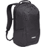 A black backpack featuring a sleek design, padded straps, and a logo on the front, ideal for laptops.