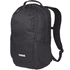 A black backpack with a sleek design, featuring padded straps and a side pocket. Includes branding.